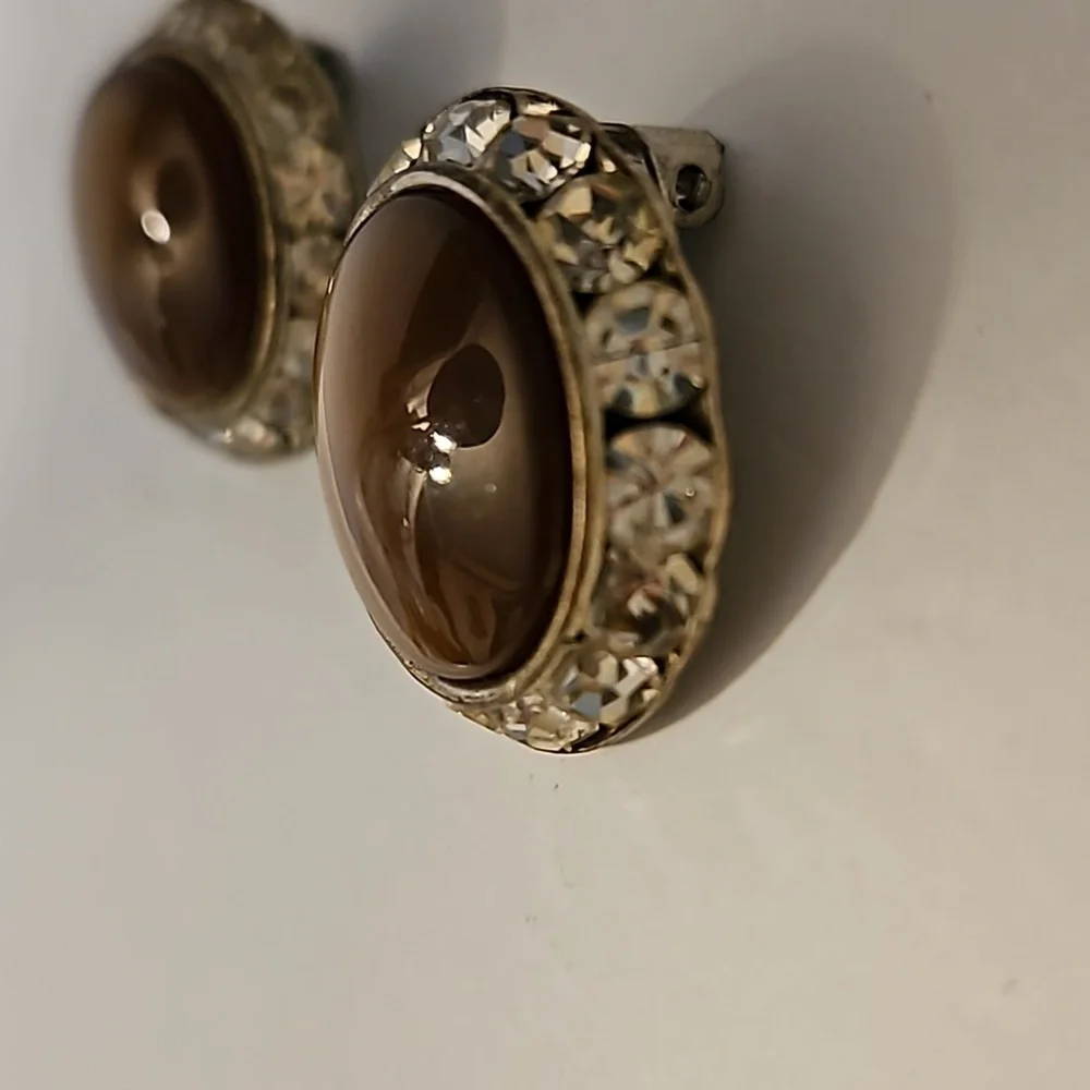 Vintage 2 Prs. Brown, Red & Rhinestones Button Silvertone Clip-on Earrings